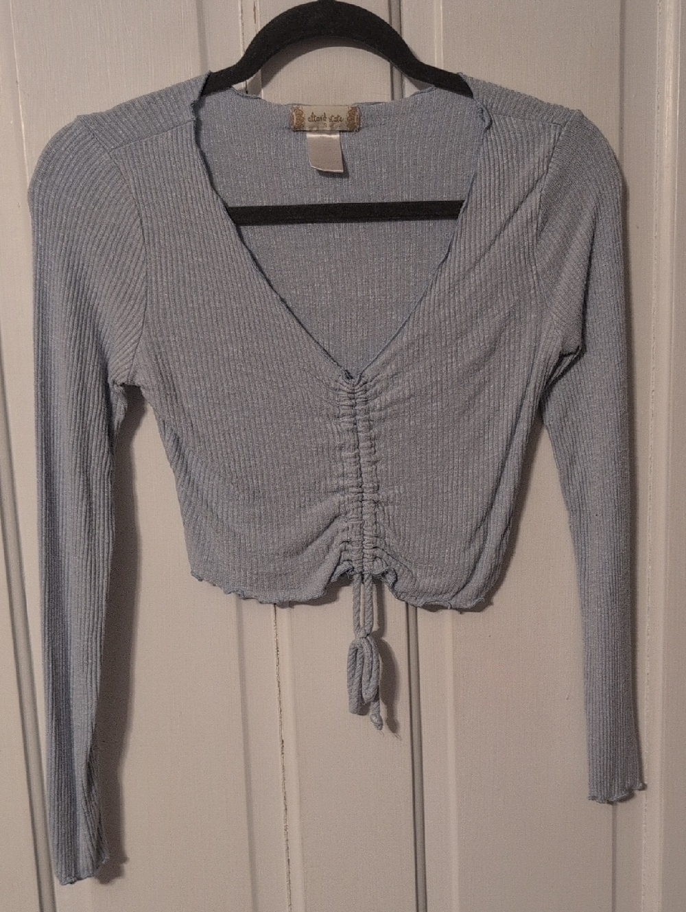 Altar'd State Light Blue Ribbed Long-Sleeve Ruched Crop Top